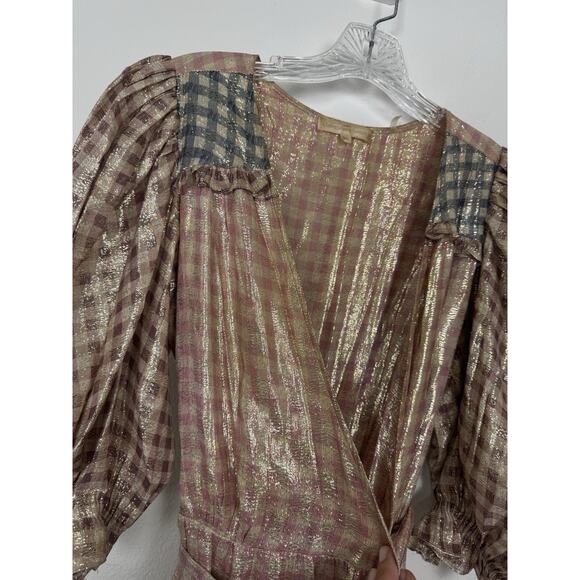 LoveShackFancy Maxi Dress Women’s Medium Wrap Tiered Metallic Gingham - Picture 6 of 16